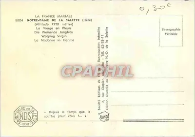 Nossa Senhora da Salette — estátua chorando — Sociedade Francesa Mariale, n° B804 — Verso
