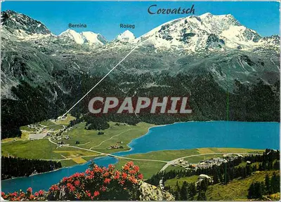 Piz Corvatsch — visão aérea com lago e montanhas Bernina e Roseg — Photo und Verlag Hans Steiner St. Moritz