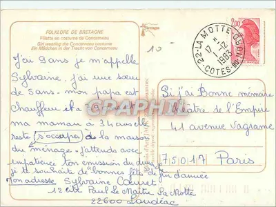 Menina vestindo traje de Concarnéau — Bretanha — editor J. Jach, n°16 — Verso