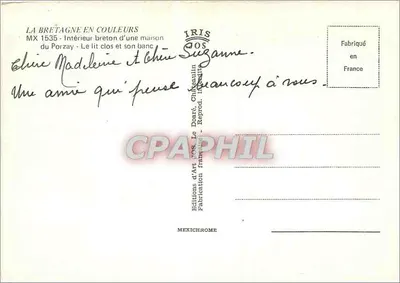 Interior de uma casa bretona — O leito fechado e seu banco — Edições d'Art Le Doré, Châteaulin — Verso