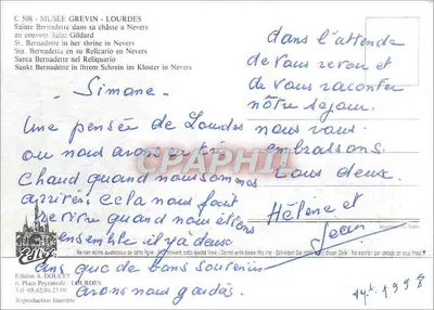 Lourdes — Santa Bernadette en su relicario en el convento de San Gildardo en Nevers — Edición A. Doucet — Reverso