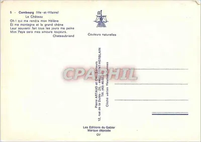 Castelo de Combourg — Ille-et-Vilaine — Editor Pierre Artaud et Cie, Saint-Herblain — Verso
