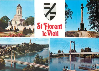 St Florent le Vieil — Vista geral, coluna, igreja, ponte suspensa — Editions et Impressions Combier / Mâcon, n° C3 49276-1-8241