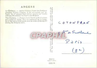 Angers — Castelo — Editor Estel, n° 2202 N — Verso
