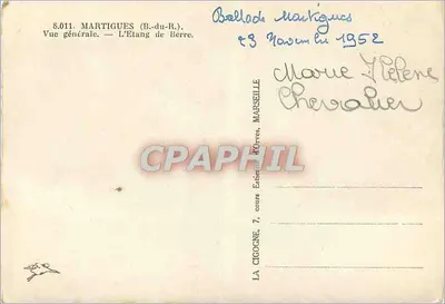 Martigues (B.-du-R.) — Vista geral — L'Étang de Berre — Editor La Cigogne, n° 8.011 — Verso