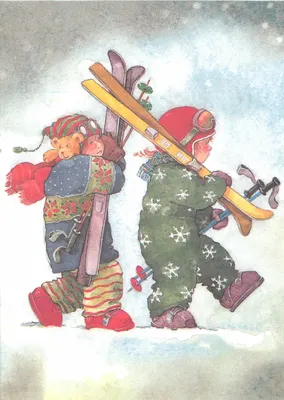 Dois crianças em traje de esqui — ilustração de Annette Swoboda — Edição Fuchs & Hase, Liechtenstein