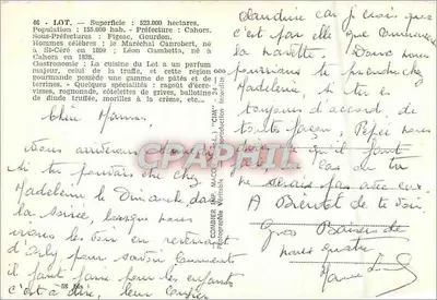 El Lot turístico — Tarjeta postal ilustrada con retratos de Léon Gambetta y Marc Chagall, y ilustraciones de sitios y productos locales — editada por CIMY — Reverso