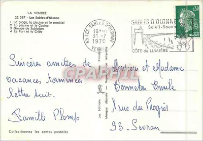 Les Sables-d'Olonne — praia, piscina, porto e cassino — Edições Finistère — Verso