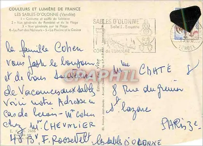 Les Sables d'Olonne — Widok panoramiczny, port, basen, kasyno i kobieta w stroju Sableise — Wydawnictwo Jean-Jaurès — Rewers