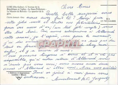 Lure — widok miasta z kościołem, domem opieki, dzielnicą Republiki i stacją — Wydawnictwo i Drukarnia Combier / Mâcon — Rewers