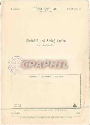 Rheinfall i Zamek Laufen w Schaffhausen — Monogravura Brunner & Co, Zurych n. Como, nr 5080 — Rewers