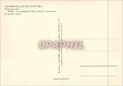 Sculptures du portail royal — Cathédrale de Chartres — Éditeur Valoire, n°5.954 — Rewers