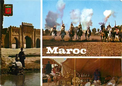 Marrocos — Porta antiga, cavalaria em ação, mercado de tapetes — editor FISA I.G. Palautordera