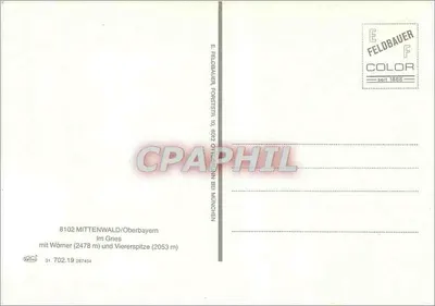 Mittenwald — widok wsi z kościołem i górami — E. Feldbauer — Rewers