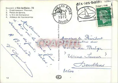 Aix-les-Bains — Zakład Termalny, Pałac Savoisy, Arc Campanus, Abp. Hautecombe — pamiątka 1972 — Rewers