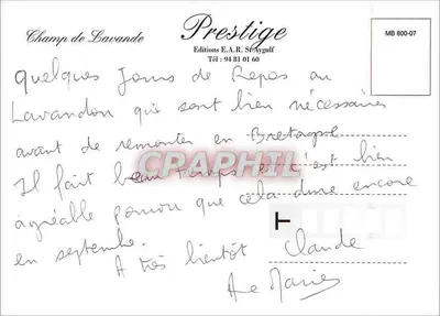 Campo di lavanda — La Provenza — Prestige Éditions E.A.R. St-Aygulf, n° MB 800-07 — Verso
