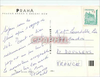 Praha — Place de la Vieille Ville avec la tour de la Vieille Ville et le bâtiment de la Prašná Brána — éditeur Kincl & Hauner, n° 1184 — Verso