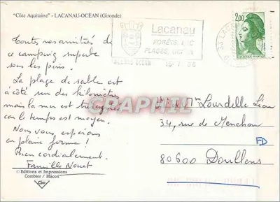 Lacanau Océan — vista della spiaggia, del surf e della strada — Éditions et Impressions Combier / Mâcon — Verso