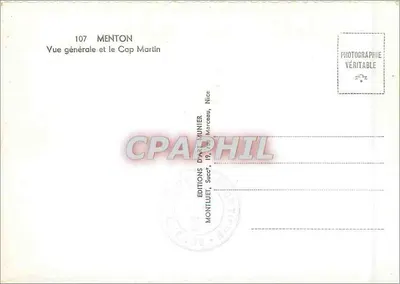 Menton — Vista geral e o Cap Martin — Éditions d'Art Munier, n° 107 — Verso