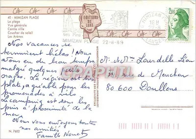 MIMIZAN PLAGE — vista geral, praia, cidade, pôr do sol, arênes — Éditions de Luxe, n° 7602 — Verso