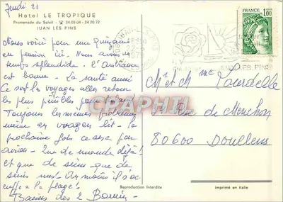 Hotel Le Tropique — Juan-les-Pins — editor não visível — Verso