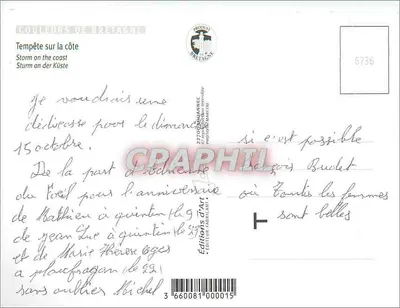 Tempestade na costa — Bretagne — Éditions d'Art Fabriannec n°6736 — Verso
