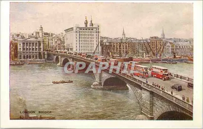 London Bridge — vista animada com ônibus vermelhos e barcos — editor não identificado, número de série não visível