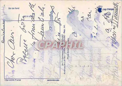 Dwaj narciarze w śnieżnej lesie — Wydawnictwo Larrieu, Toulouse — Rewers