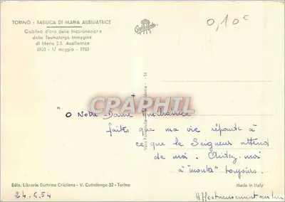 Nossa Senhora Auxiliadora — Giubileo d'oro della Incoronazione di Maria SS. Auxiliatrice 1933-17 maggio 1953 — Ediz. Libreria Dottrina Cristiana - V. Cottolengo 32 - Torino — Verso