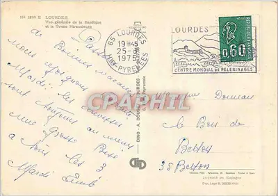 Lourdes — Visão geral da Basílica e da Gruta Milagrosa — Editor F.I.E.A. n° 1299 E — Verso