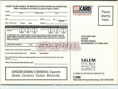 Copo de coquetel — publicidade para cigarros — GoCard Postcard Advertising — Verso