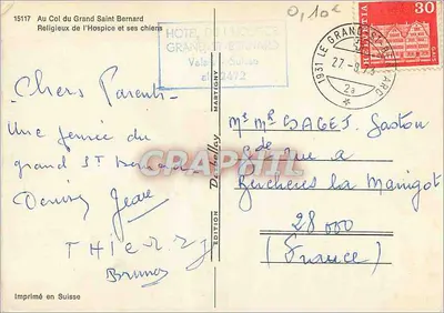 Col do Grand Saint Bernard — Religiosos do Hospício e seus cães — Edição Martigny — Verso