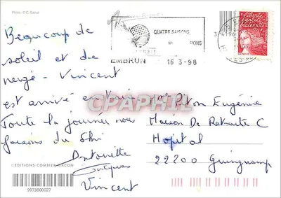 Esquiadores en una foresta nevada — Auténticas — Ediciones Combier-Macon — Reverso
