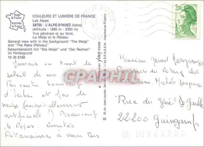 Alpe d'Huez — ogólne widok z Meije i Râteau w tle — wydawca S.P.A.D.E.M. n° 10 38 5168 — Rewers