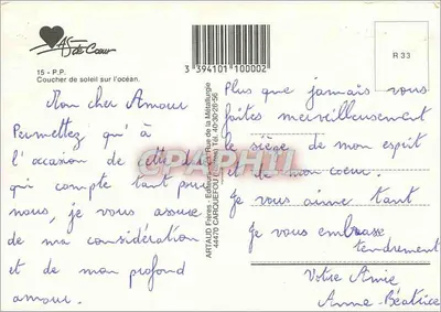 Pôr do sol sobre o oceano — Bilhete postal antigo da série R 33 — editor ARTAUD Frères — Verso
