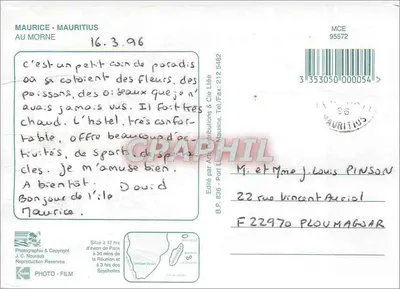 Praia de Maurice — vista de barco e palmeiras — editado por Arts & Contributions & Cie Liée — Verso