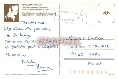 Moulin à vent à Werkendam — Hollande — éditeur Color Cards, n° ecc 667 — Verso