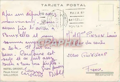 Hotel Orient — Playas Arenal, Mallorca — editor KOL, série 8-25-89-1970 — Verso