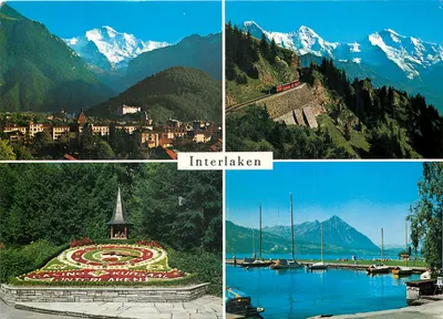 Interlaken — vista panorâmica com montanhas nevadas, trem, lago e cassino — editor Color Foto Stump & Co. Nr. 800