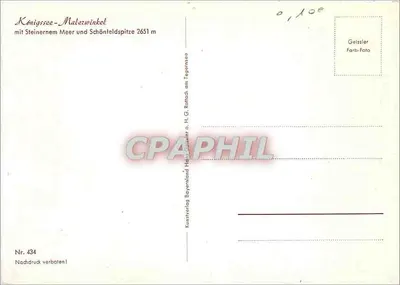 Königssee - Malerwinkel — com o lago de pedra e o cume de Schönteldspitze a 2651 m — Kunstverlag Bayernland, H.G. Rothach am Tegernsee, n° 434 — Verso