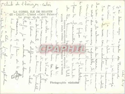 Calvi - La spiaggia e il golfo — L'albergo « Calvi Palace » — Edizioni M.-C. MIRANDE - Bastia — Verso