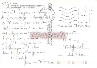 Saintes — Jardim público, ponte e catedral de São Pedro — Arco do Triunfo — Edições Michel MARCOU — Verso
