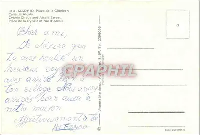 Madrid - Plaza de Cibeles — vista aérea — editor Vicente Martínez, n° 310 — Verso