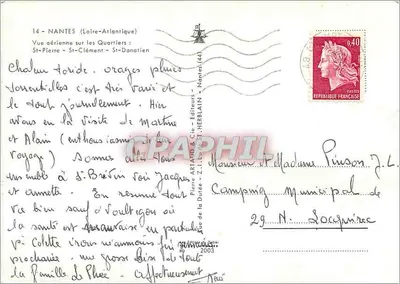 Vista aérea dos Quartéis: São Pedro - São Clemente - São Donatien — Nantes (Loire-Atlantique) — Editor: Pierre Artaud & Cie, 21, rue de la Dolee — Verso