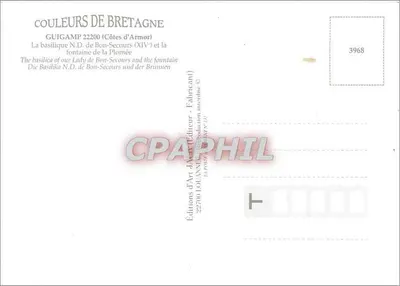 Guingamp — Place de la Plomée z bazyliką N.D. de Bon-Secours i fontanną — Wydawnictwo Sztuki J.V. Loanne — Rewers