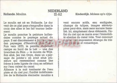 Holanda. Molino — Kinderdijk — Editor C.P.A. N° III-A2 — Reverso