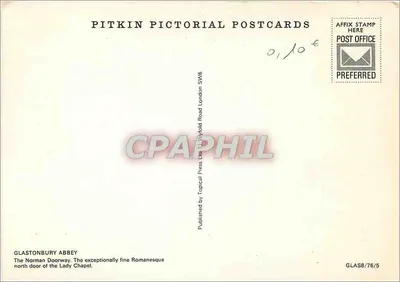 Abadia de Glastonbury — A Porta Normanda, porta norte da Capela da Senhora — Pitkin Pictorial Postcards — Verso