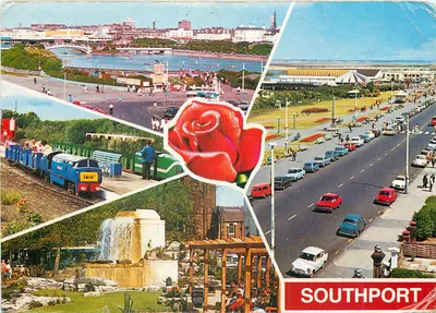 Southport — widok panoramiczny z małym pociągiem, fontanną i promenadą — Bamforth Card