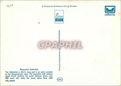 Catedral de Gloucester — editor Arthur Dixon, n° PGL/86652 — Verso