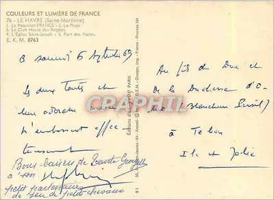 Le Havre — vista panorámica con barco, playa, iglesia y puerto — Éditions d'Art - Acouill - Francia — Reverso